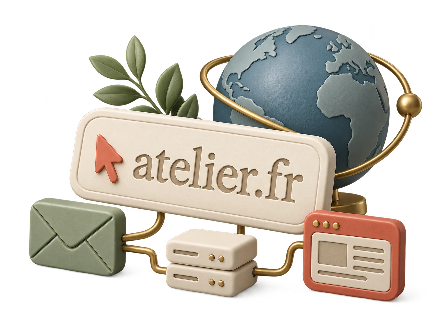 Une adresse en céramique relie un globe, un site et une enveloppe.