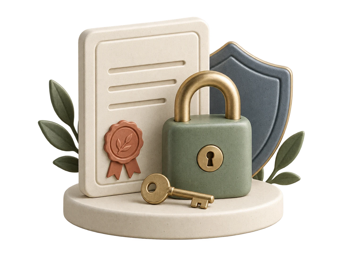 Certificat ivoire, sceau et clé en céramique, dans les teintes terracotta et sauge de VICEM.