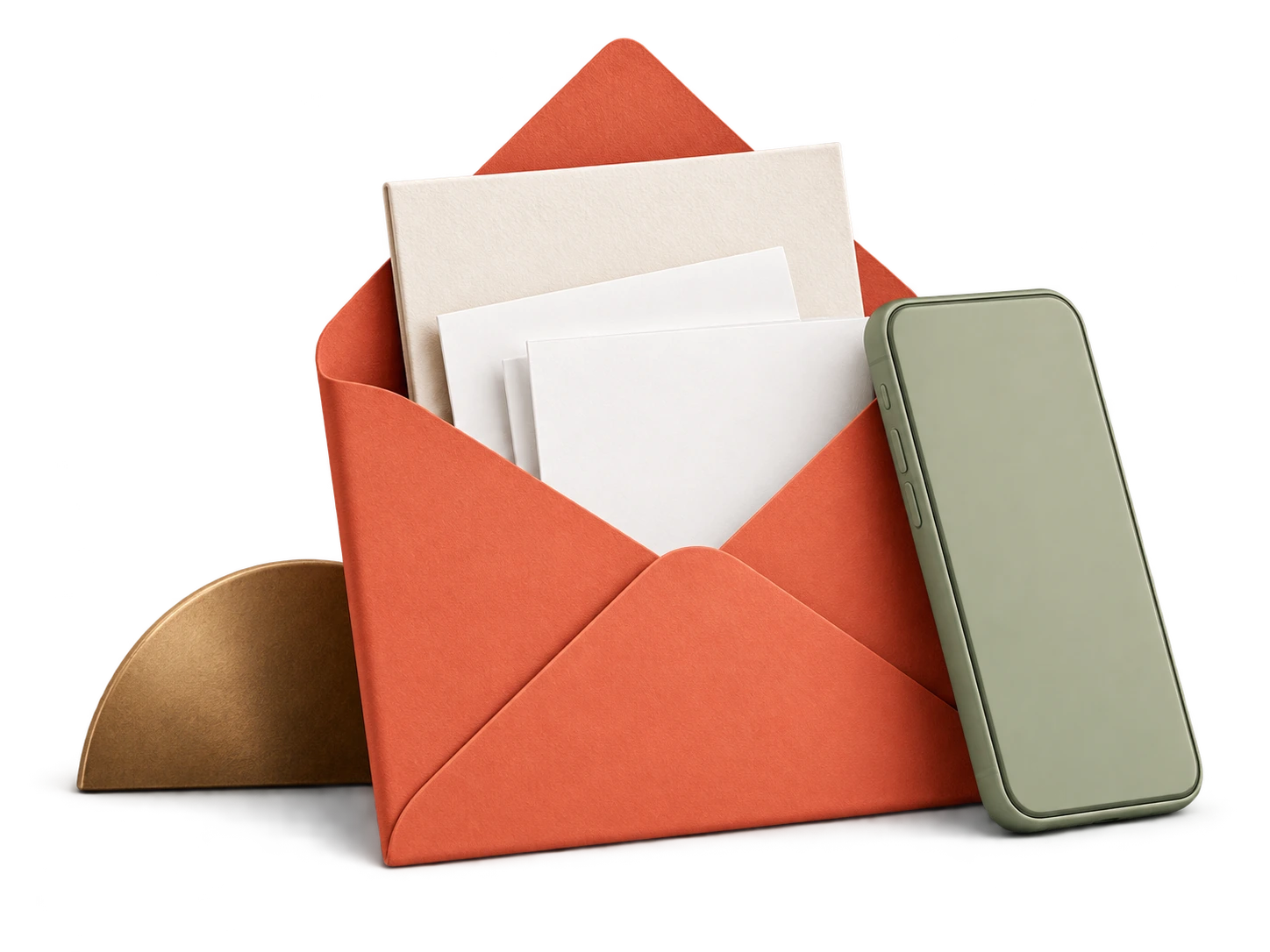 Enveloppe corail, correspondances et téléphone en céramique dans les couleurs de VICEM