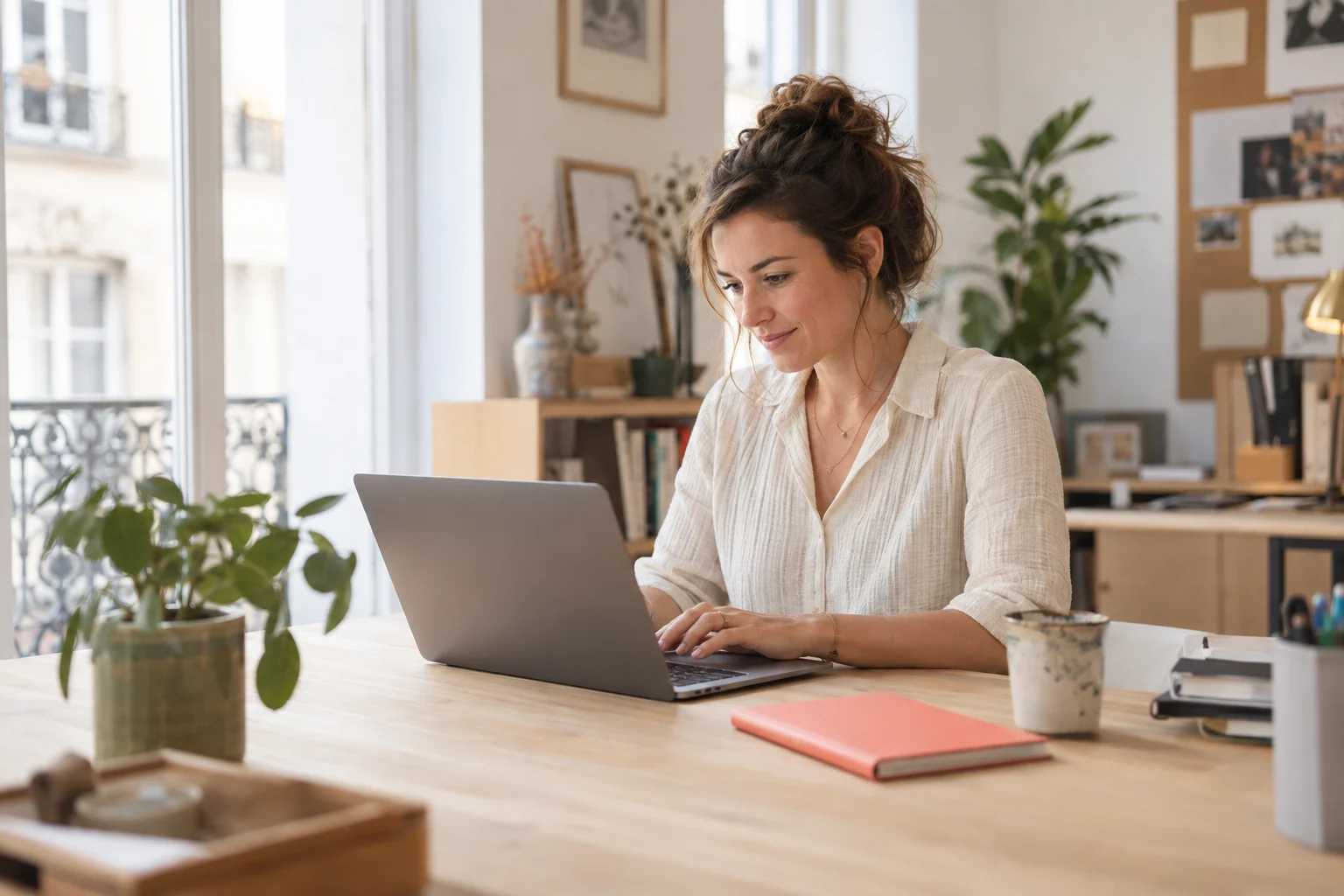 Professionnelle travaillant sur son ordinateur dans un bureau lumineux