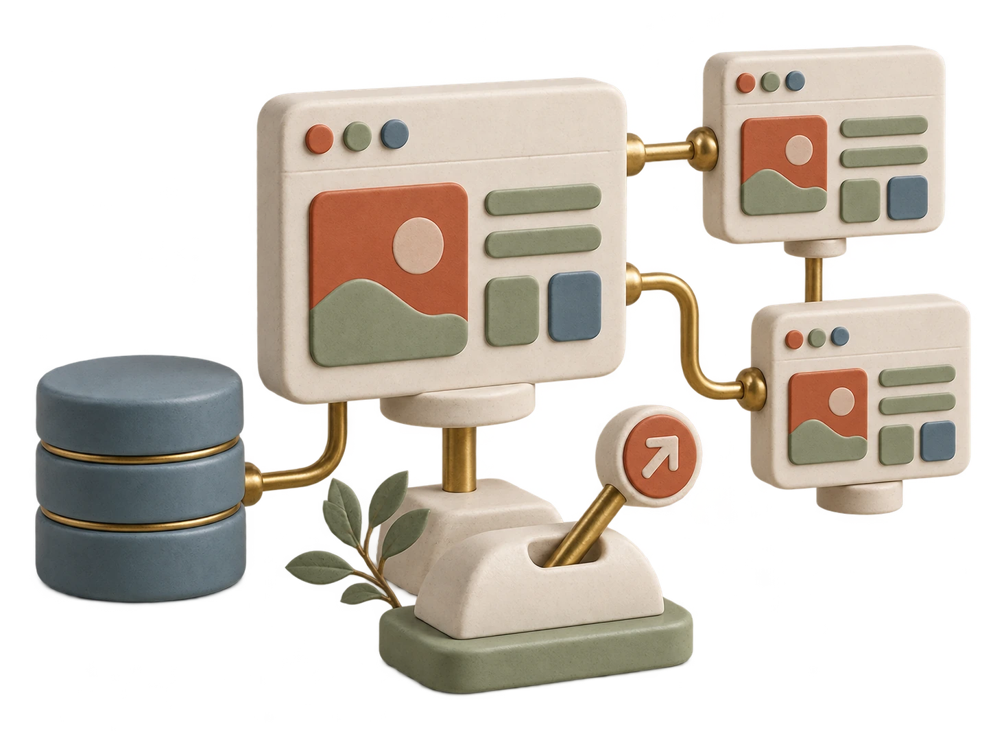 Une application et ses répliques en céramique, reliées à une base de données par des connexions en laiton