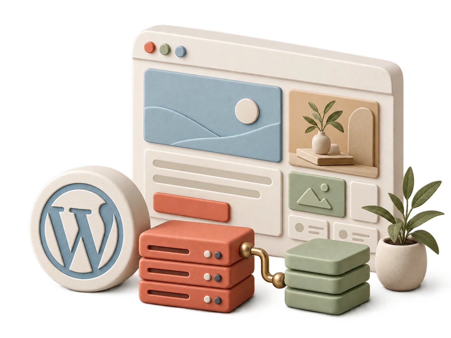 Atelier numérique en céramique avec une page web, le symbole WordPress et les modules qui accompagnent sa gestion